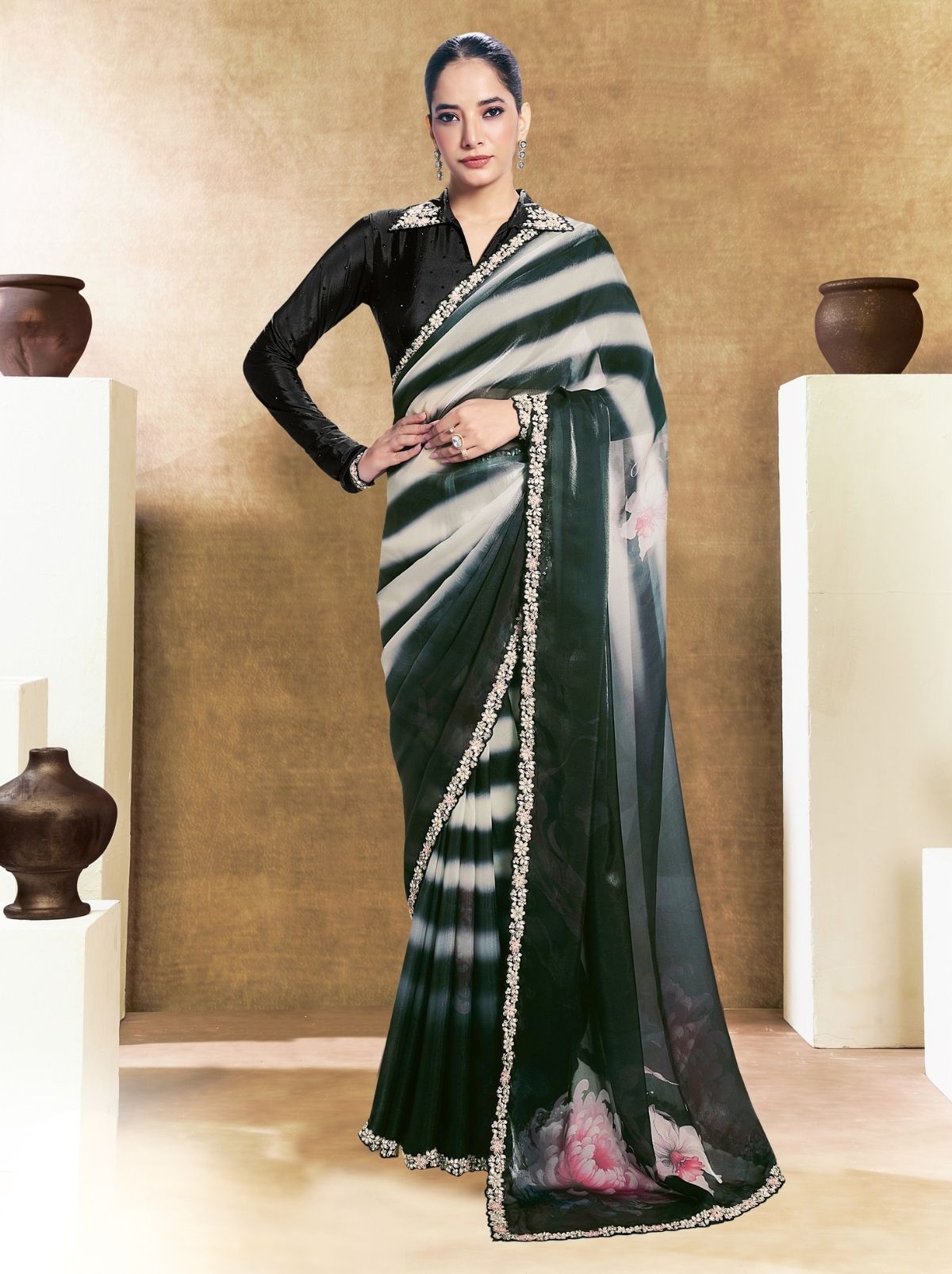 Dark Green Premium Two Tone Satin Silk Saree WIth Blouse Piece - TrendOye