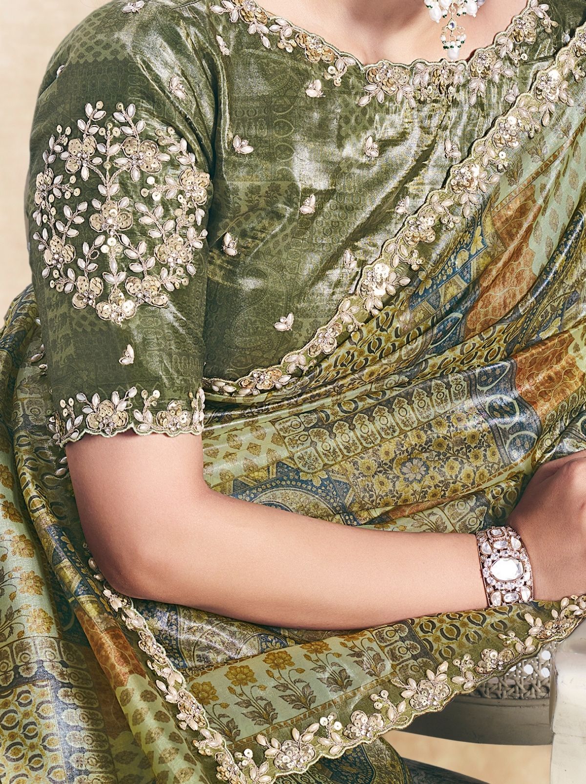 Moss Green Premium Two Tone Paper Silk Saree WIth Blouse Piece - TrendOye