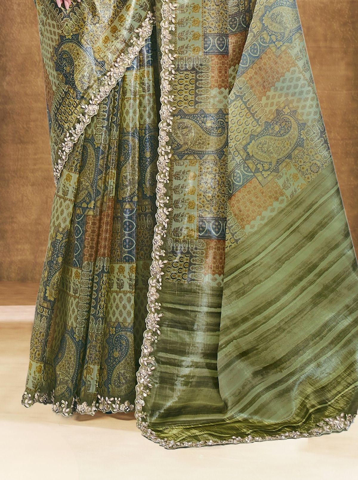Moss Green Premium Two Tone Paper Silk Saree WIth Blouse Piece - TrendOye