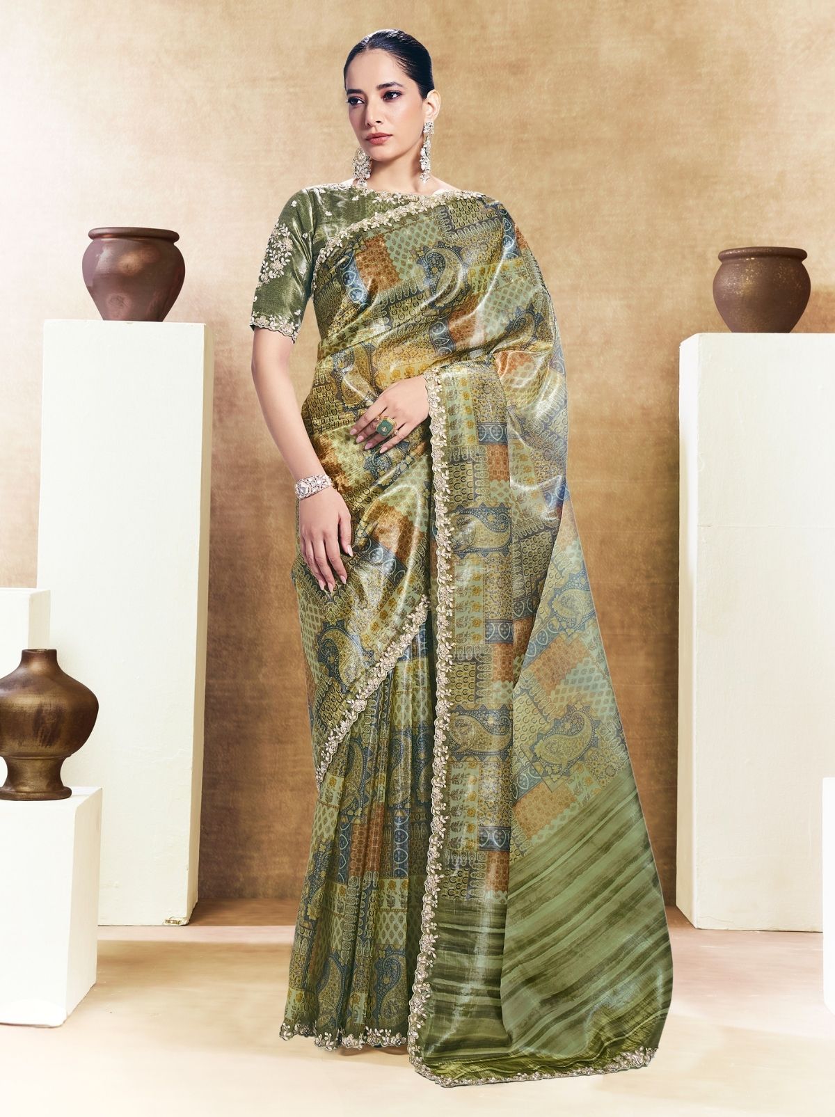 Moss Green Premium Two Tone Paper Silk Saree WIth Blouse Piece - TrendOye