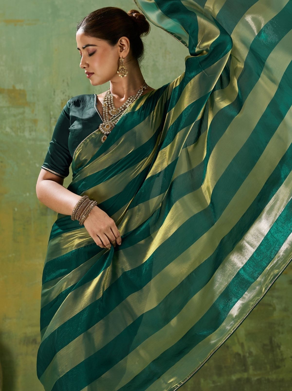 Forest Green Premium Velvet Satin Saree With Tassel Work
