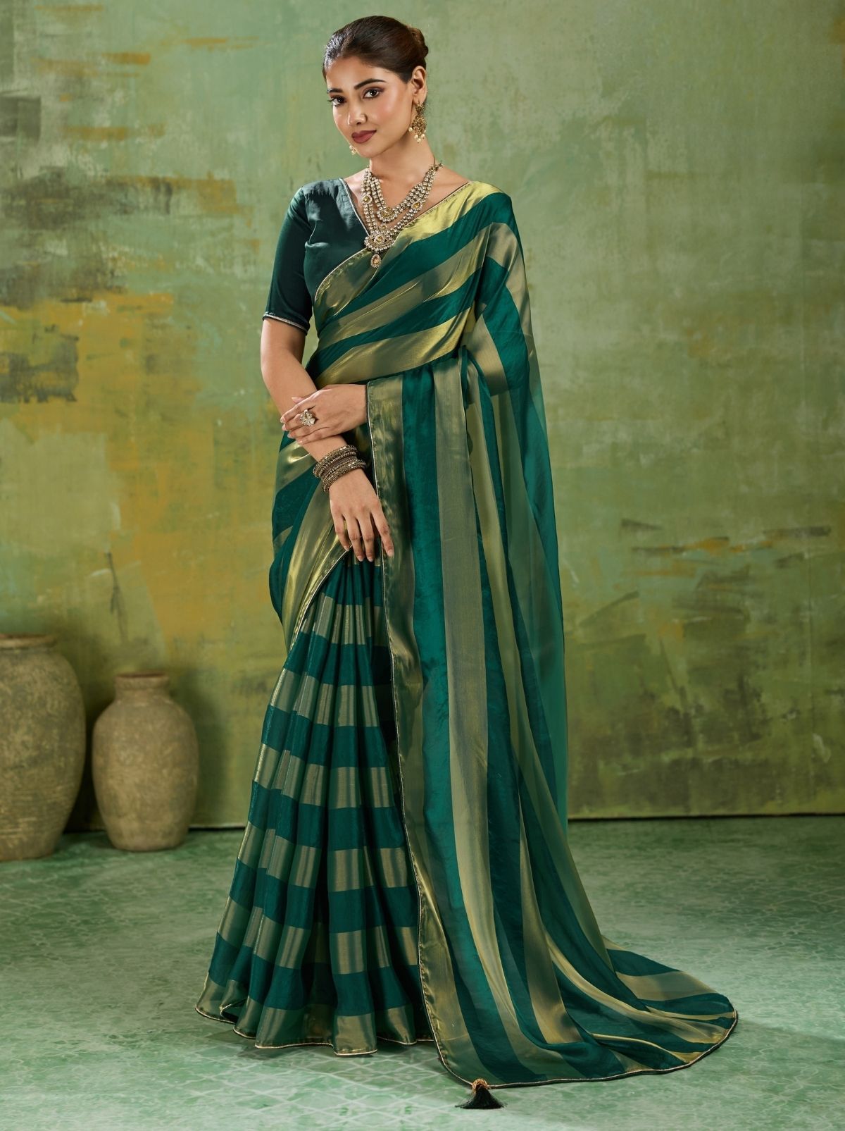 Forest Green Premium Velvet Satin Saree With Tassel Work