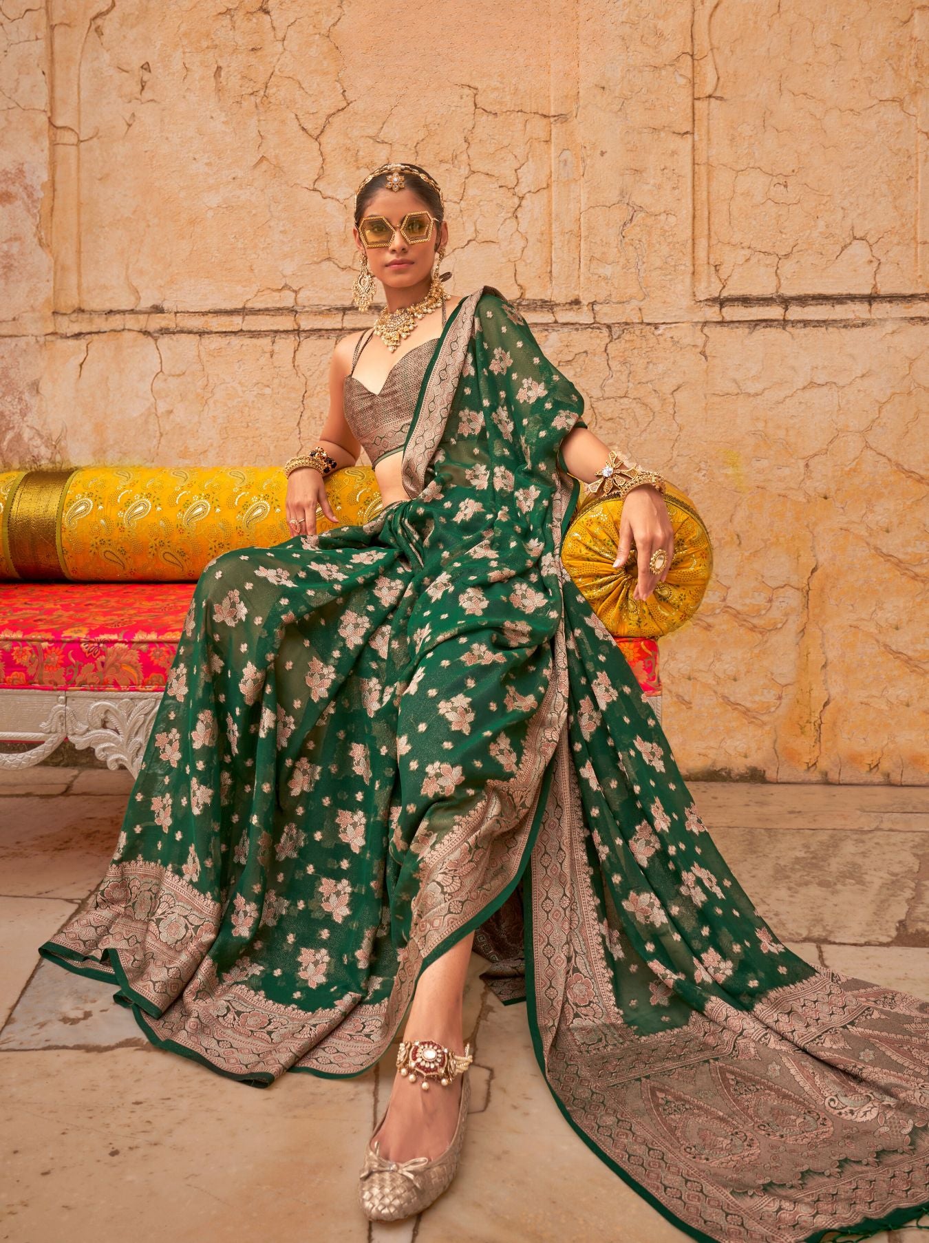 Forest Green Festive Party Saree - TrendOye