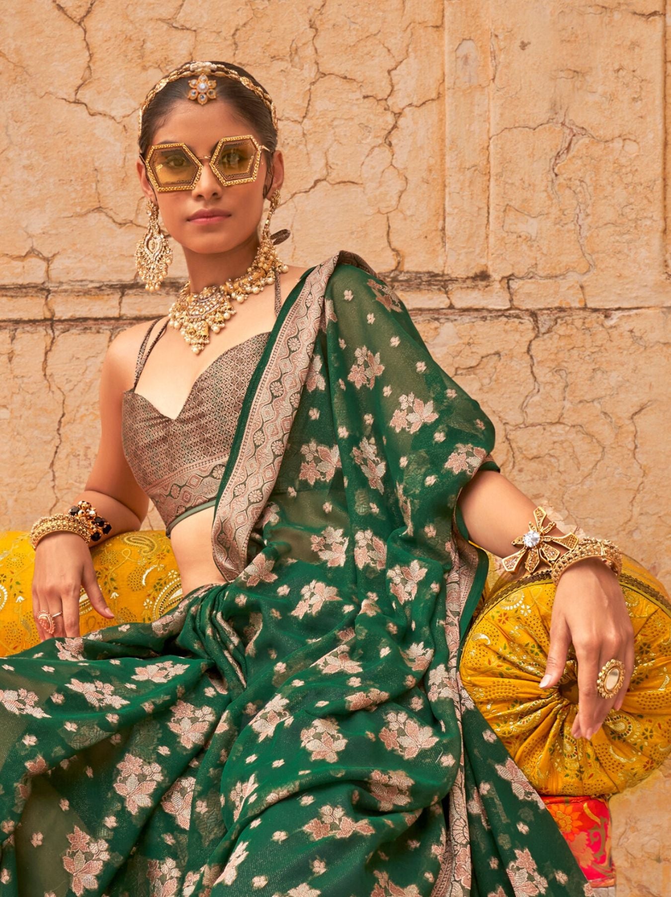 Forest Green Festive Party Saree - TrendOye