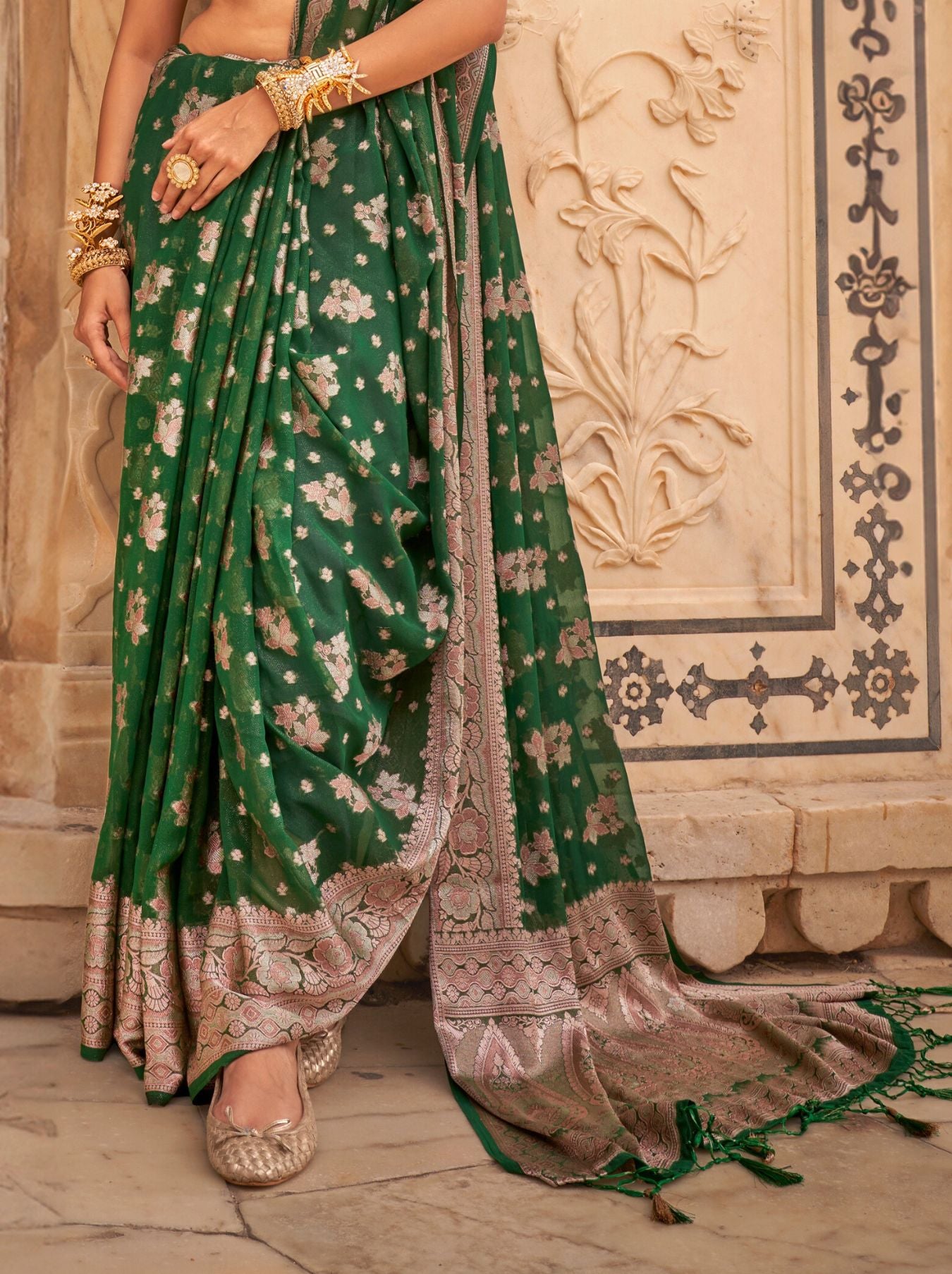 Forest Green Festive Party Saree - TrendOye