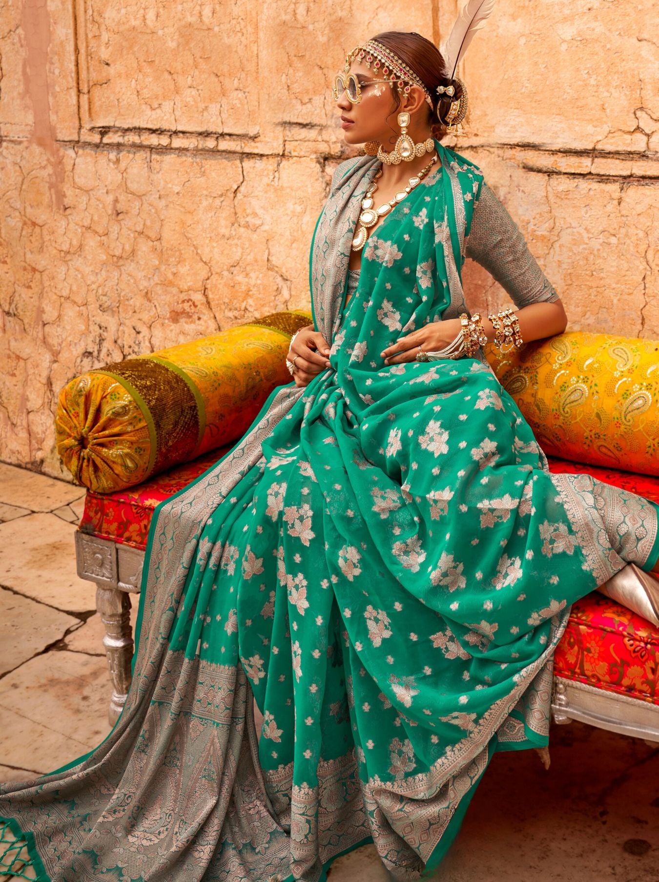 Pine Green Festive Party Saree - TrendOye