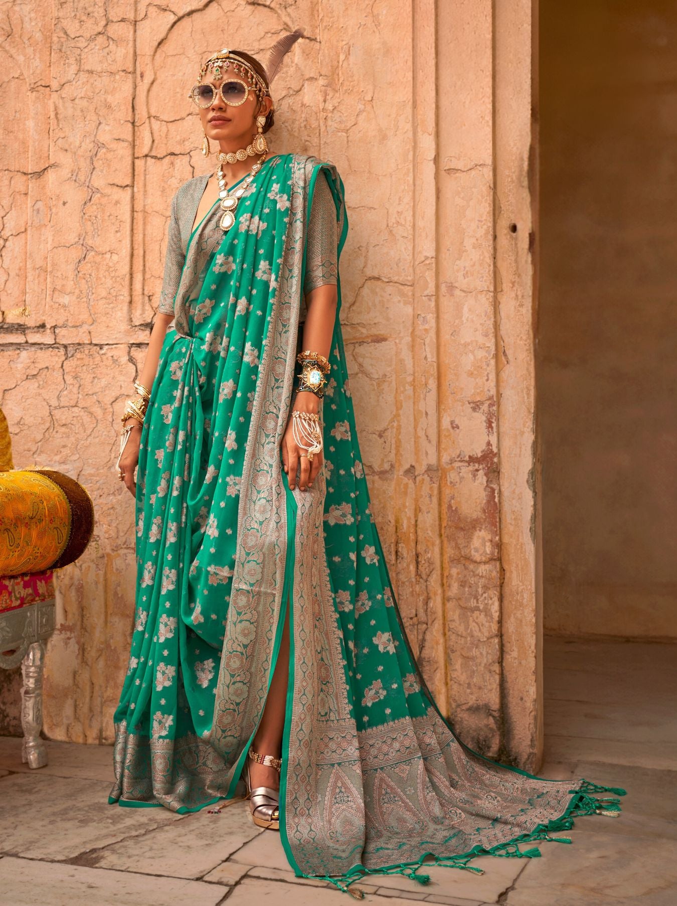 Pine Green Festive Party Saree - TrendOye
