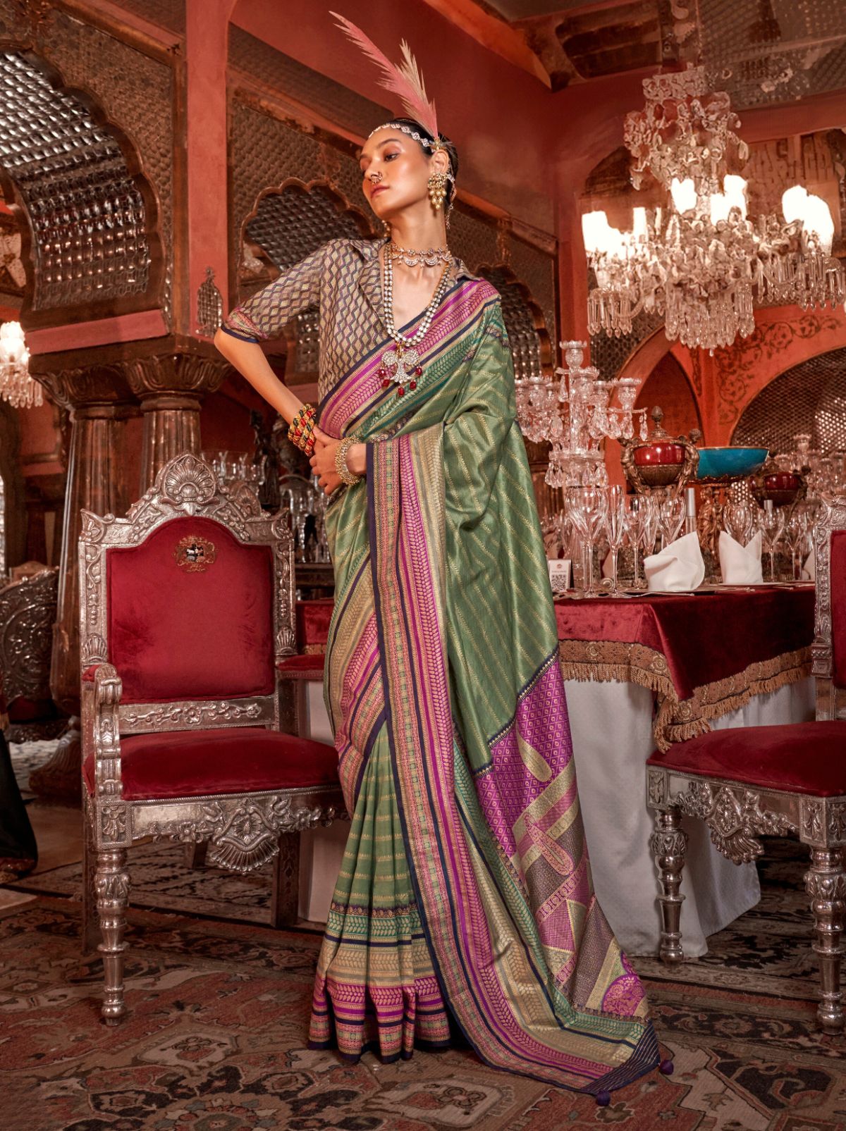 Fern Green Wedding Party Designer Saree - TrendOye