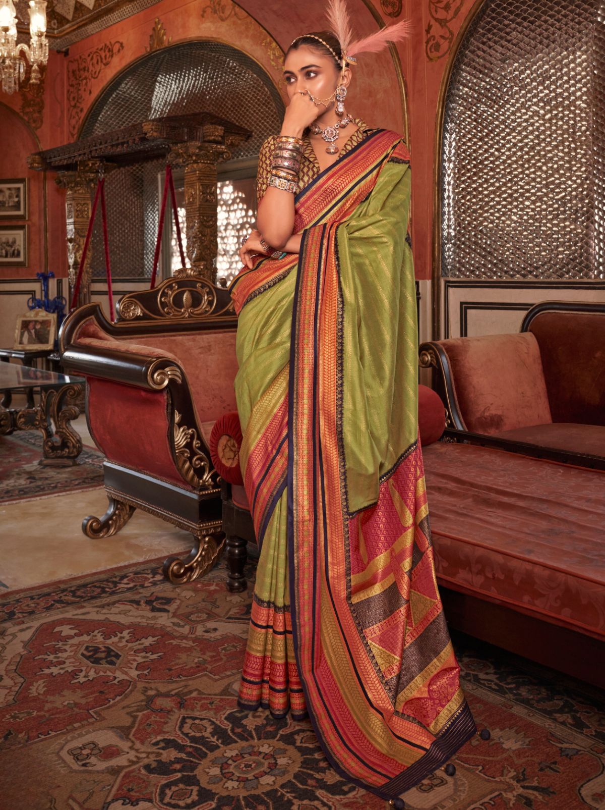 Olive Green Wedding Party Designer Saree - TrendOye