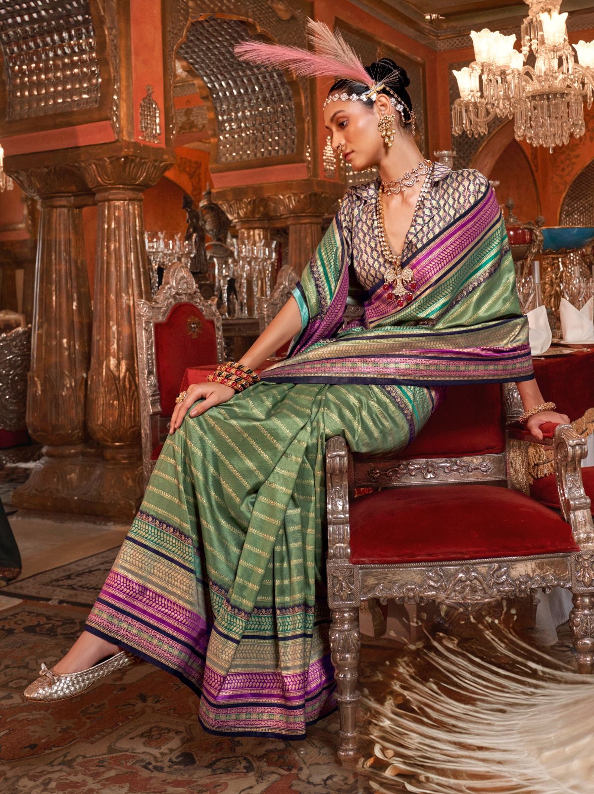 Fern Green Wedding Party Designer Saree - TrendOye