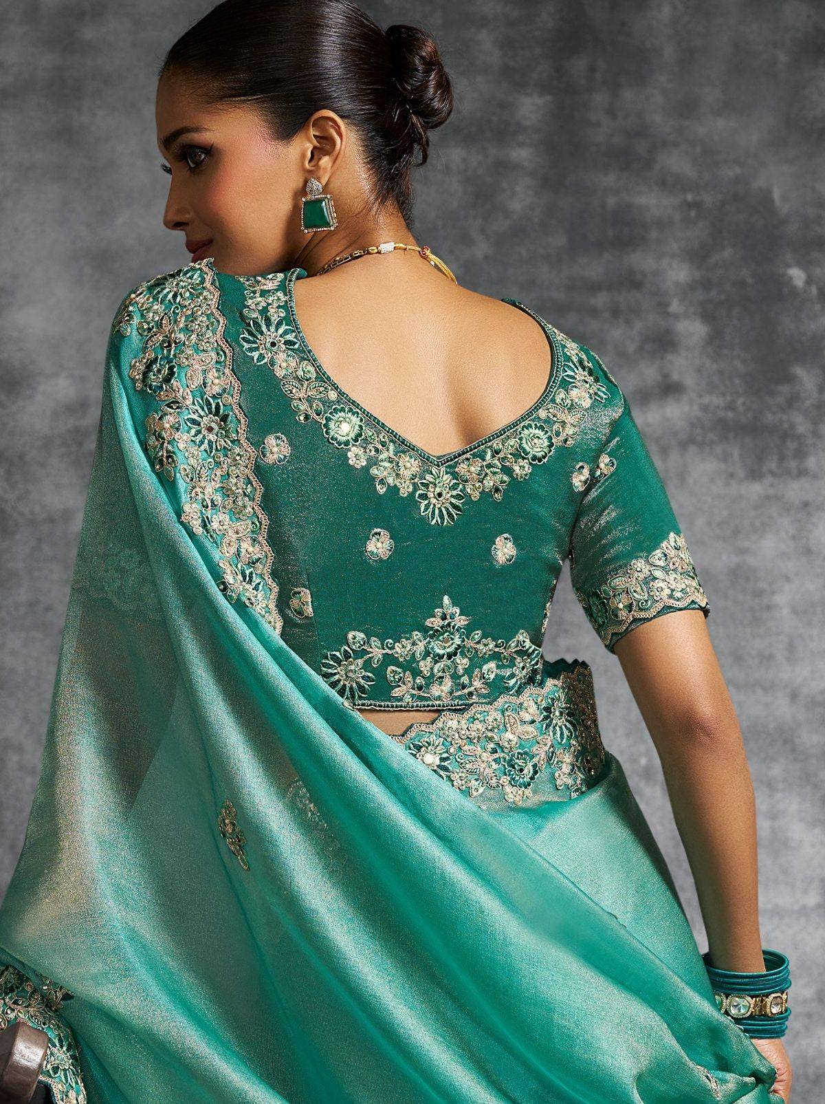 Persian Green Premium Zari Tissue Silk Saree With Blouse Piece