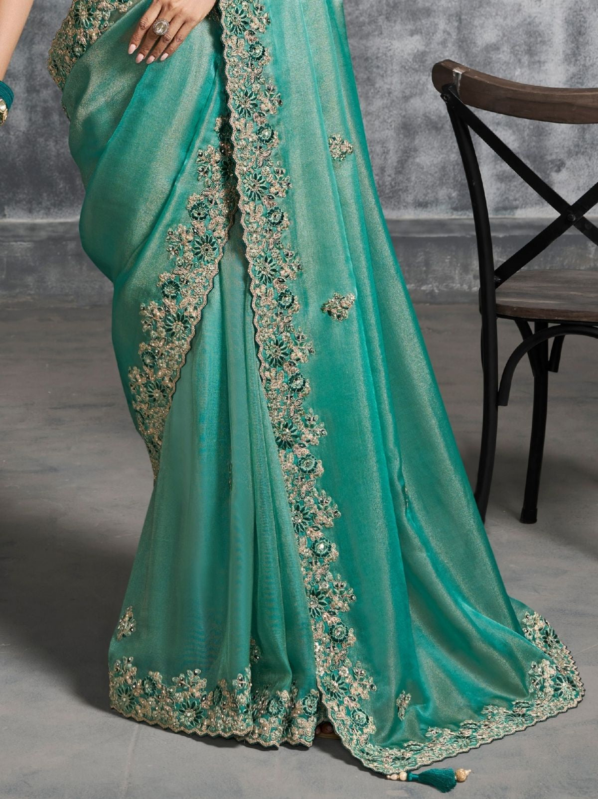 Persian Green Premium Zari Tissue Silk Saree With Blouse Piece