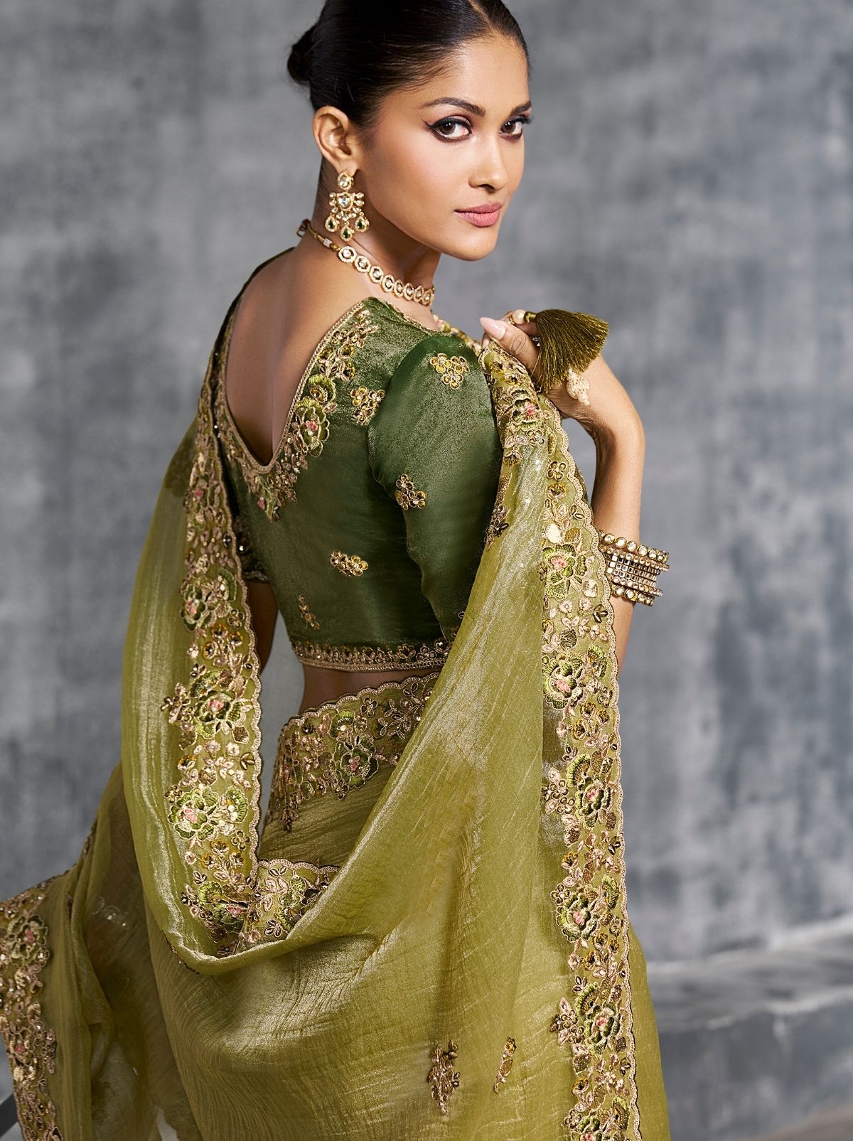 Olive Green Premium Zari Tissue Silk Saree With Tassels