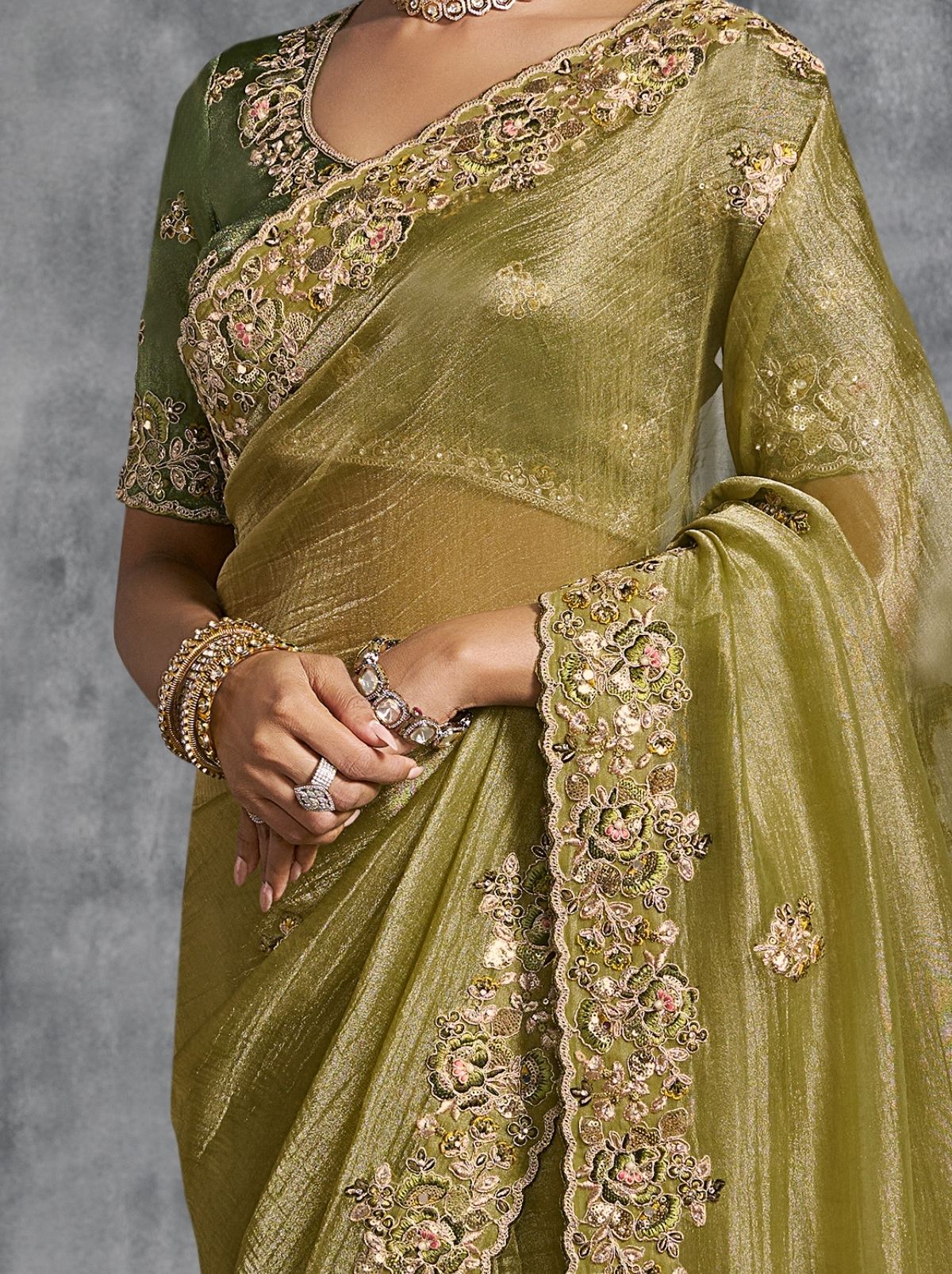 Olive Green Premium Zari Tissue Silk Saree With Tassels