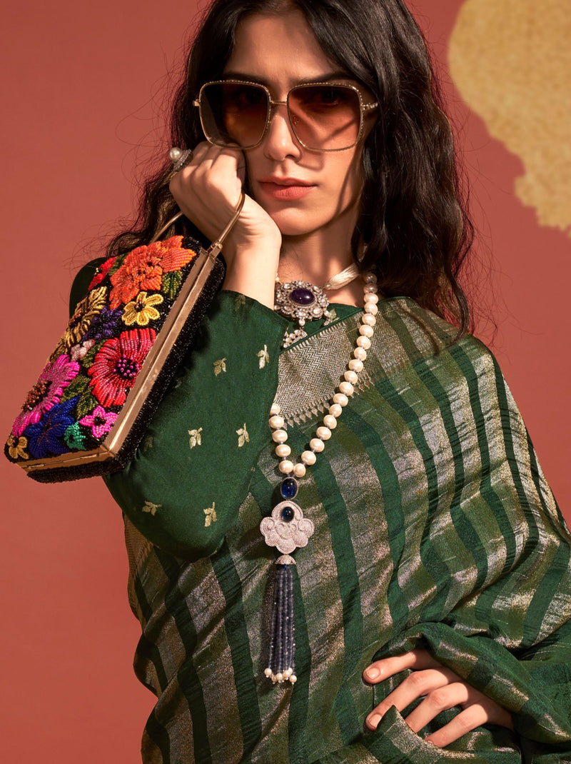 Bottle Green Handwoven Silk Saree - TrendOye