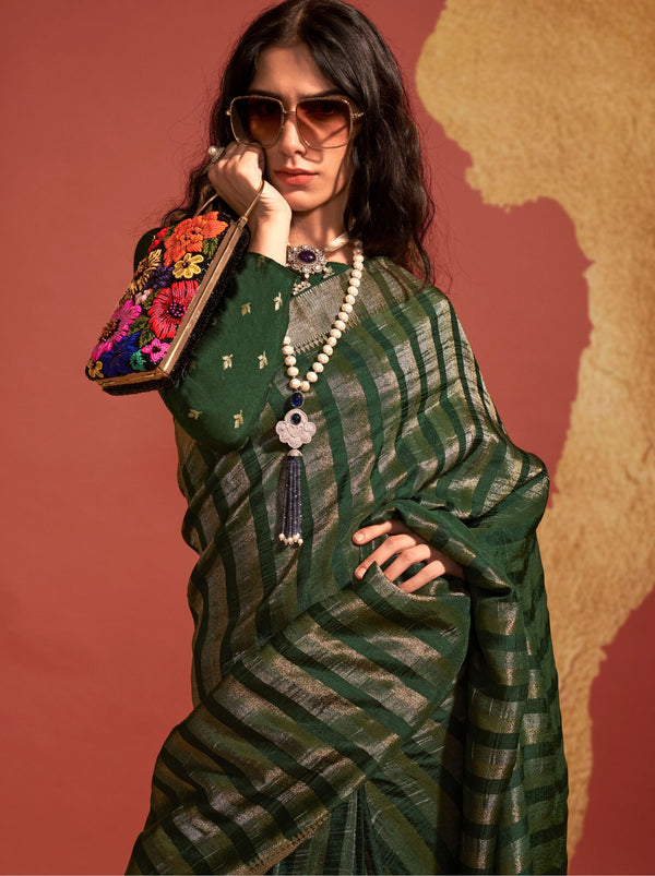 Bottle Green Handwoven Silk Saree - TrendOye