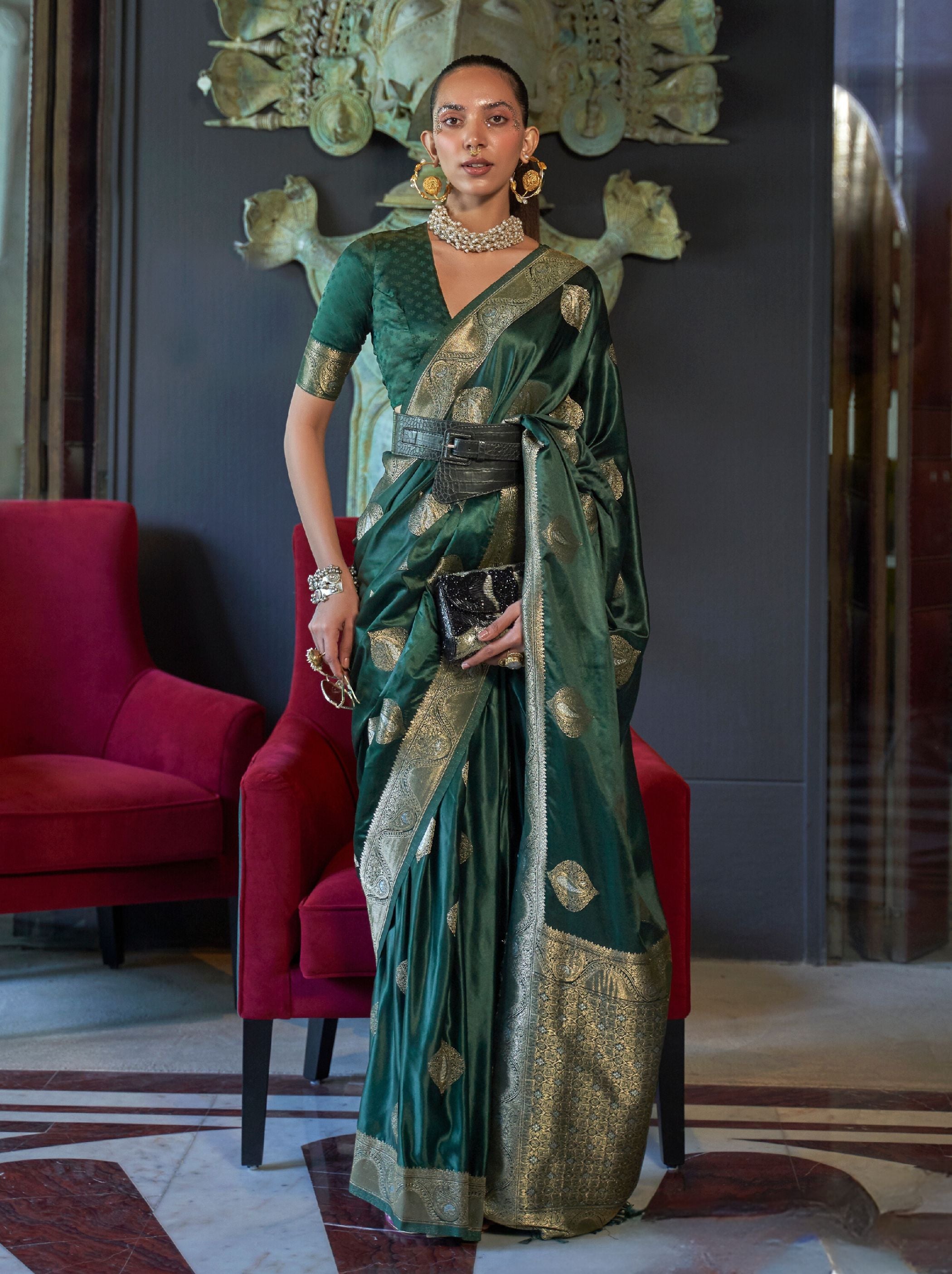 Sacramento Green Pure Satin Silk Saree - TrendOye