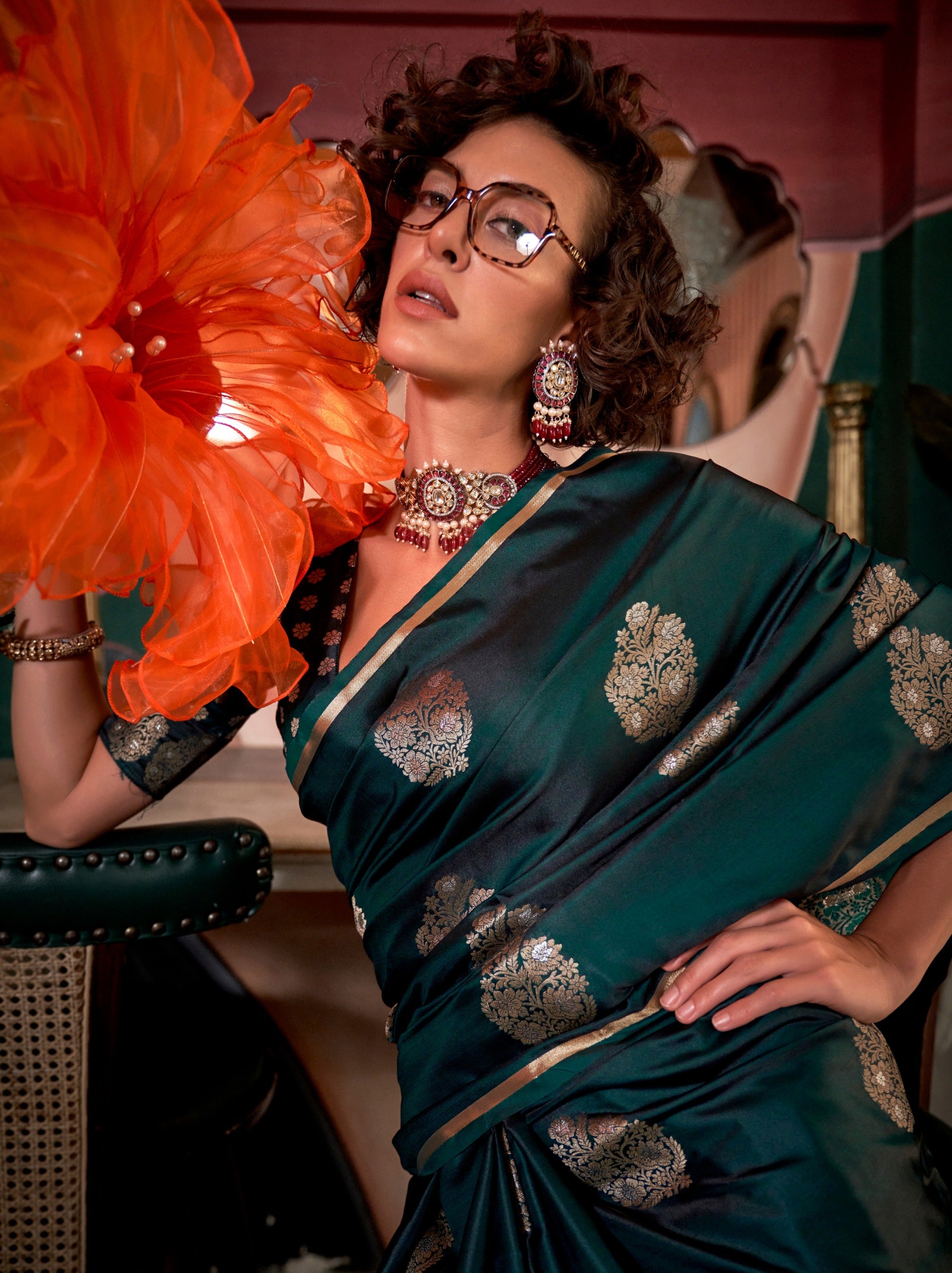 Bottle Green Ethnic Designer Satin Saree With Floral Motifs - TrendOye