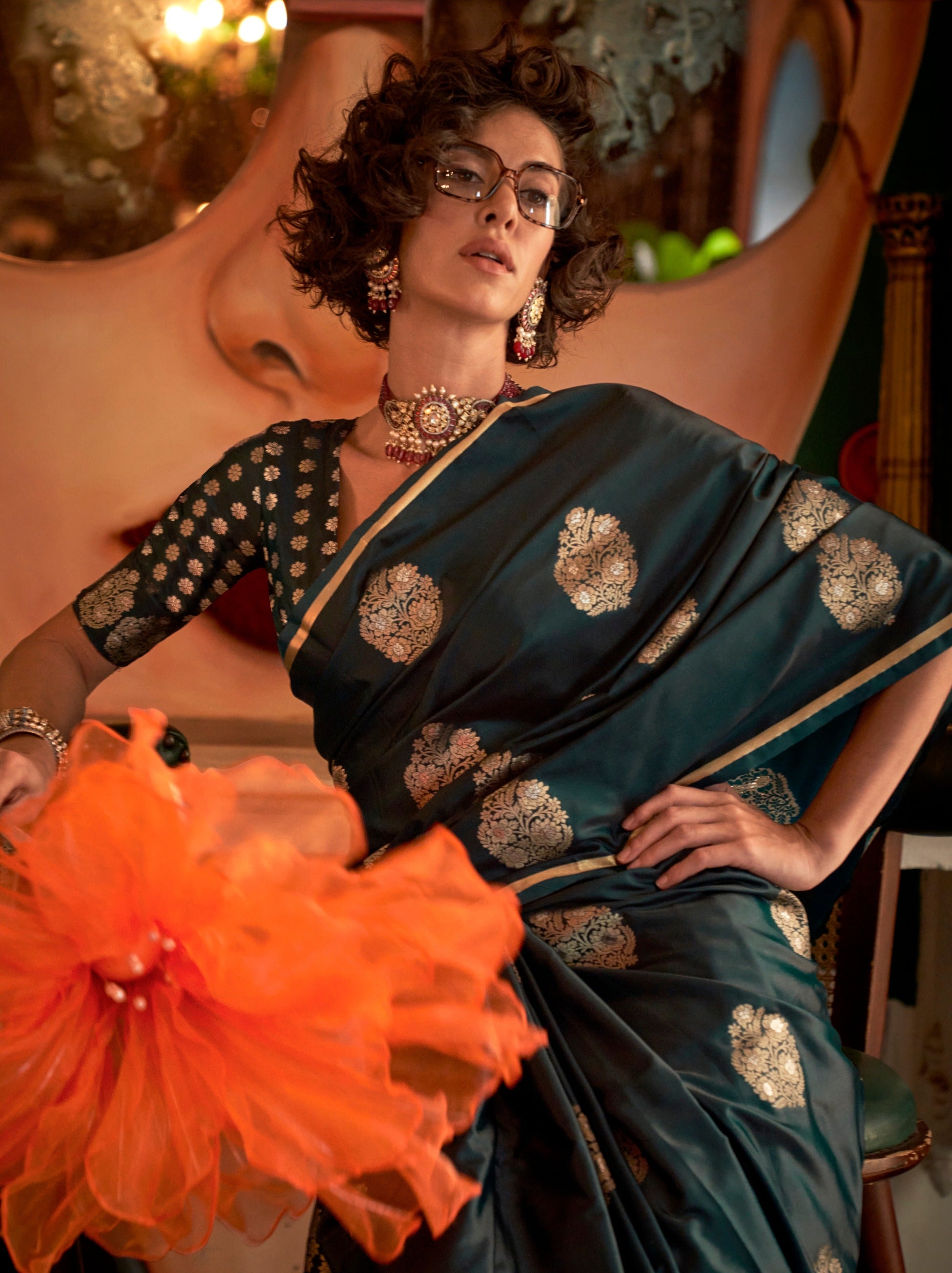 Bottle Green Ethnic Designer Satin Saree With Floral Motifs - TrendOye