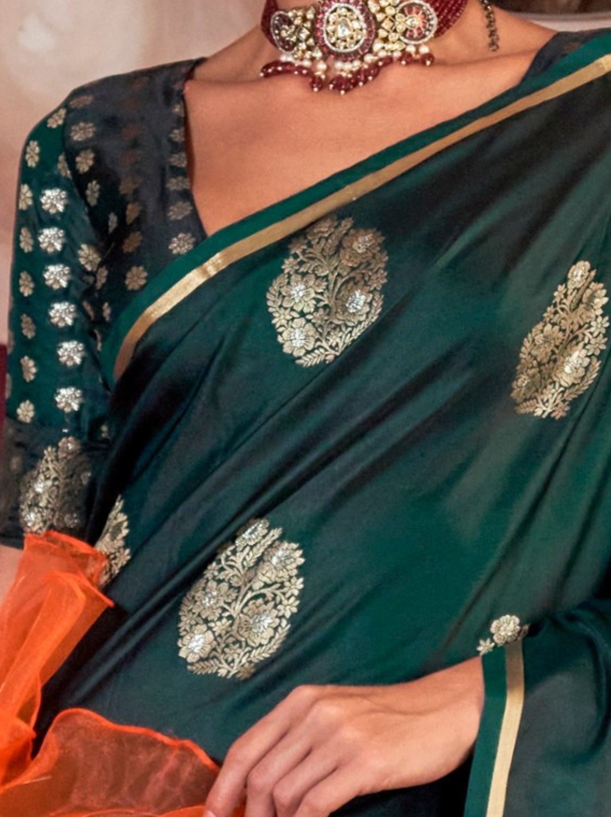 Bottle Green Ethnic Designer Satin Saree With Floral Motifs - TrendOye