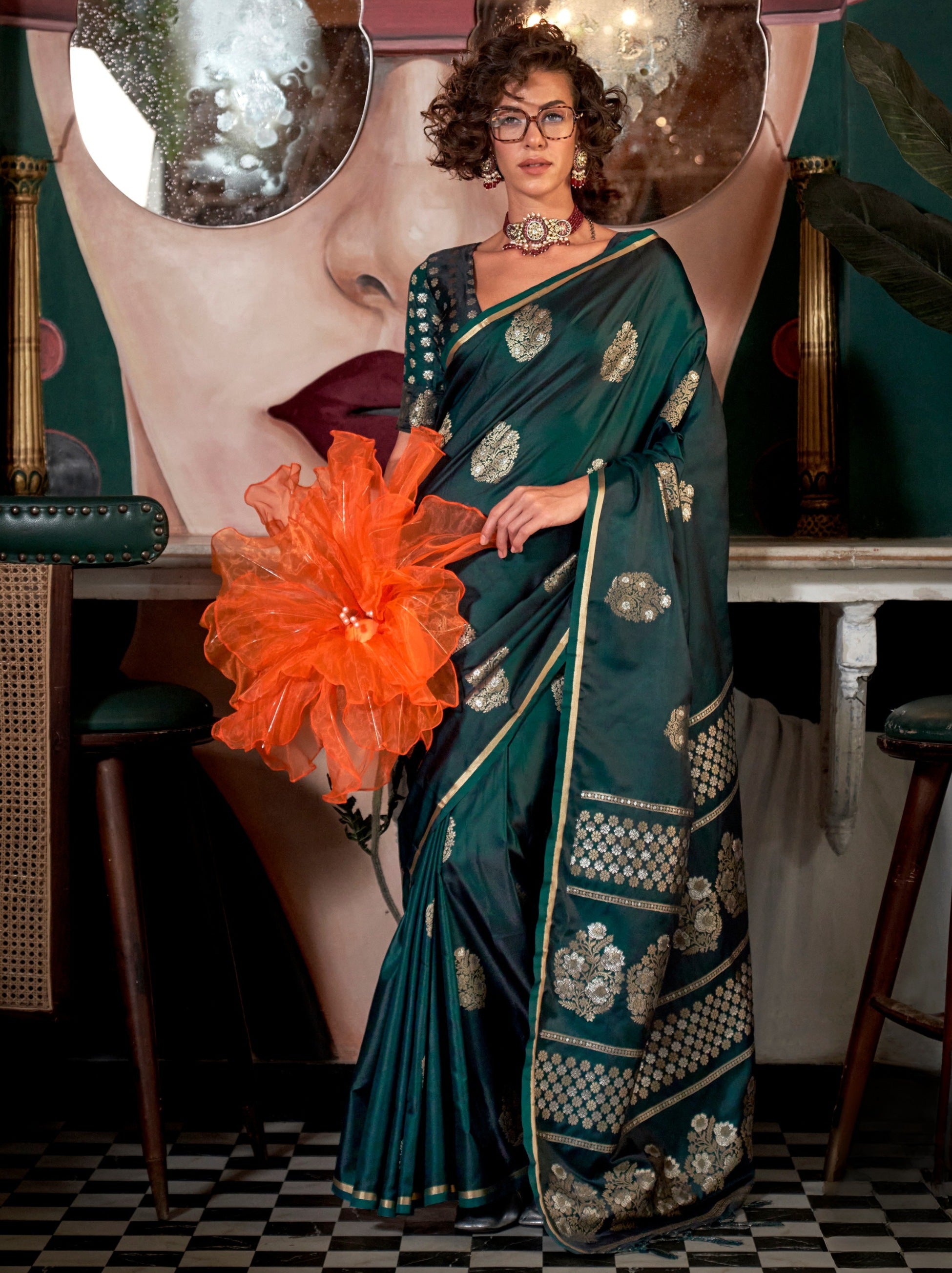 Bottle Green Ethnic Designer Satin Saree With Floral Motifs - TrendOye