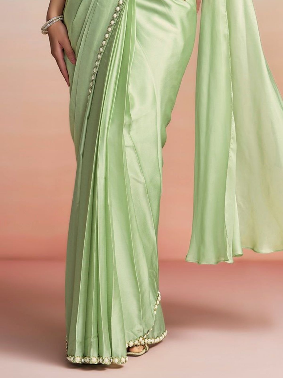 Pista Green Ready to Wear Premium Satin Silk Pearl Work Saree