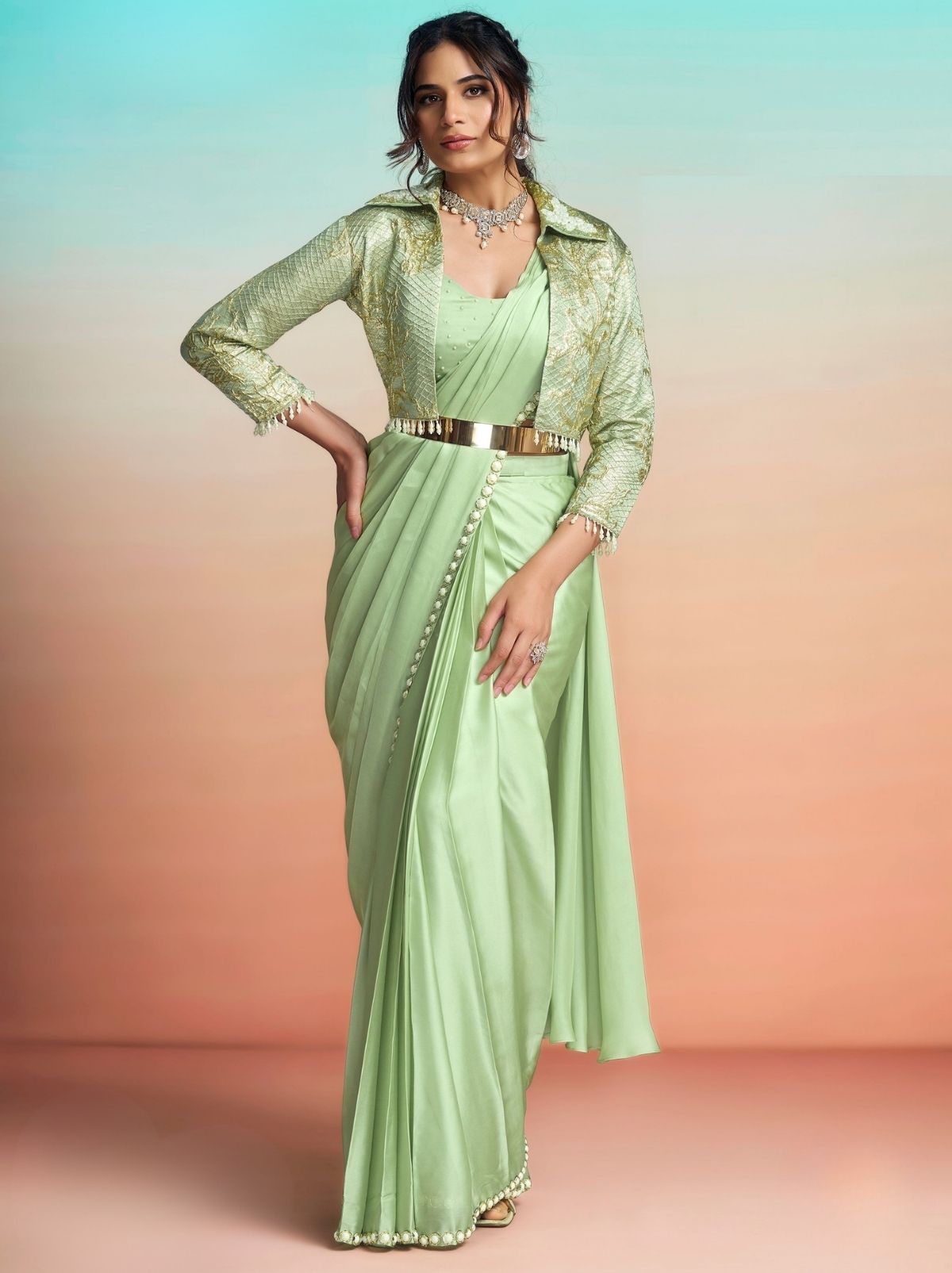 Pista Green Ready to Wear Premium Satin Silk Pearl Work Saree