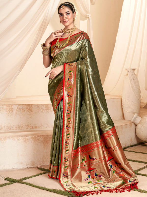 Army Green Paithani Silk Blended Saree - TrendOye