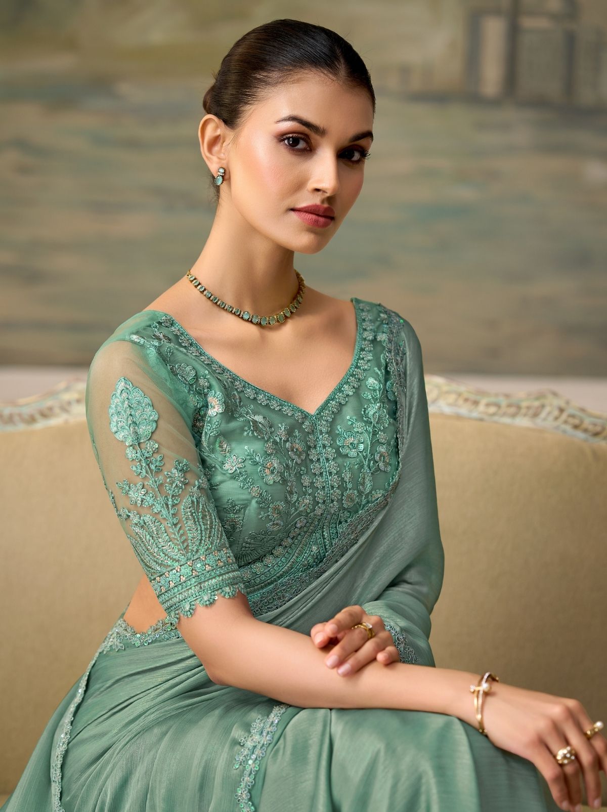 Persian Green Regal Embroidered Saree with Blouse Piece