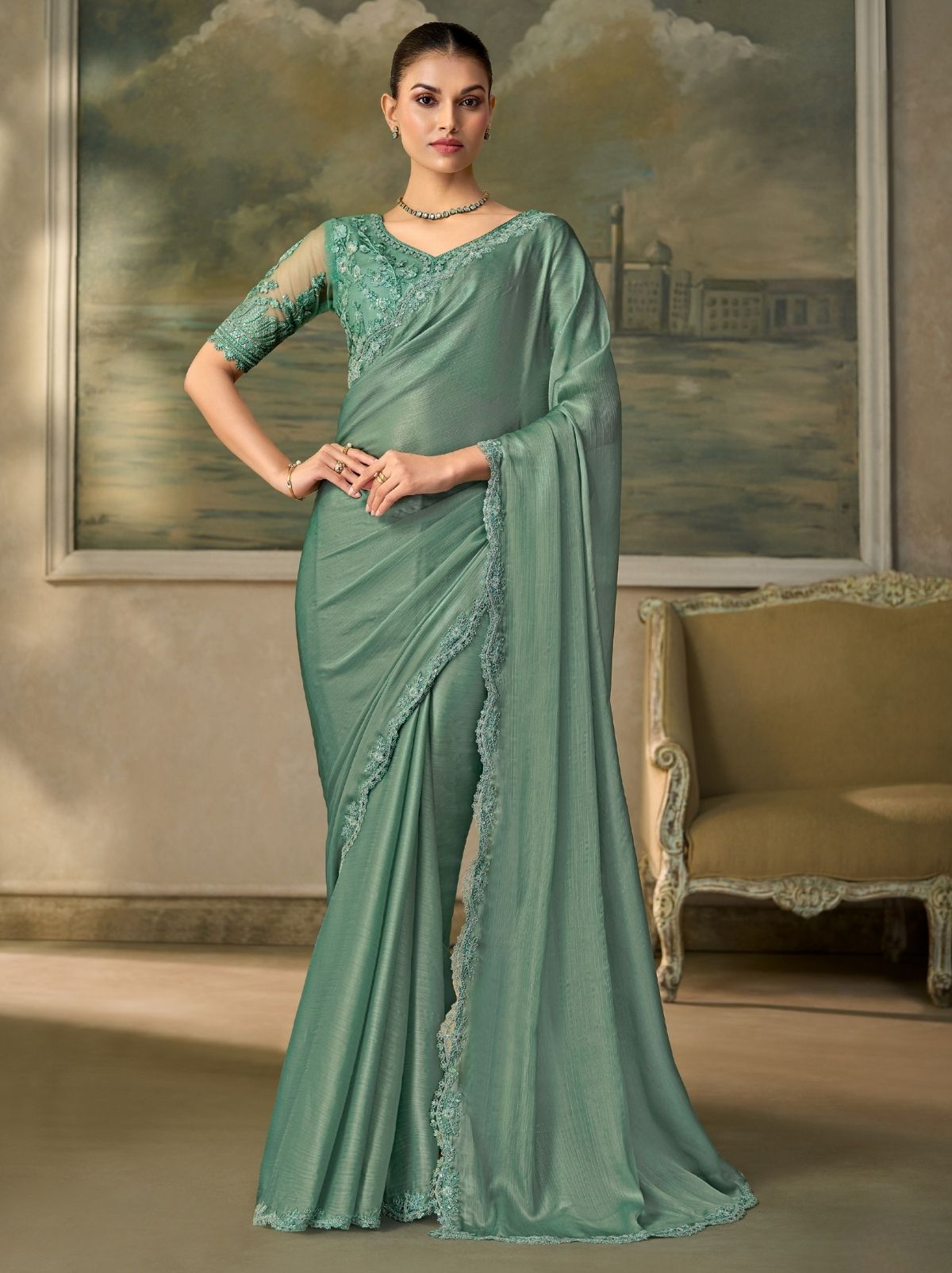 Persian Green Regal Embroidered Saree with Blouse Piece