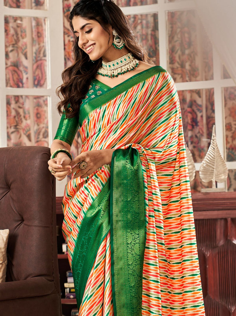 Green Designer Satin Silk Saree - TrendOye