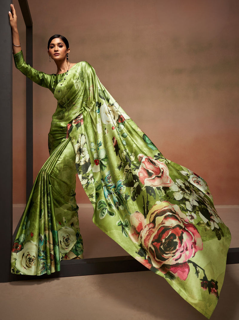 Moss Green Satin Silk Designer Saree - TrendOye