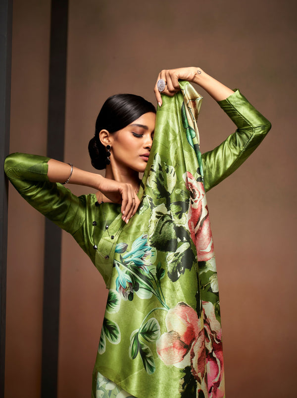 Moss Green Satin Silk Designer Saree - TrendOye