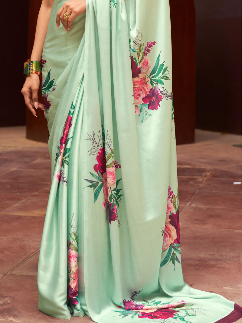 Tea Green Satin Silk Designer Saree - TrendOye