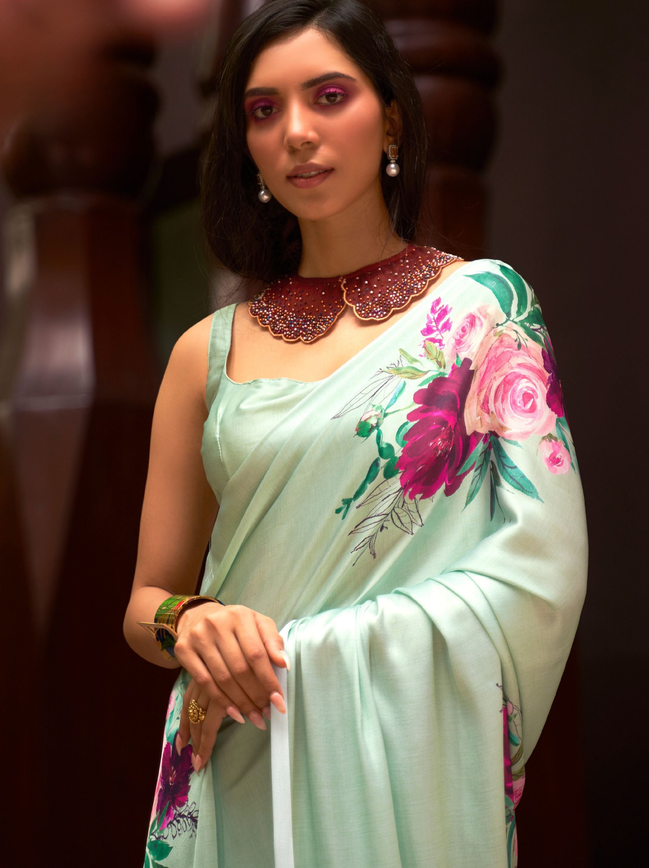 Tea Green Satin Silk Designer Saree - TrendOye