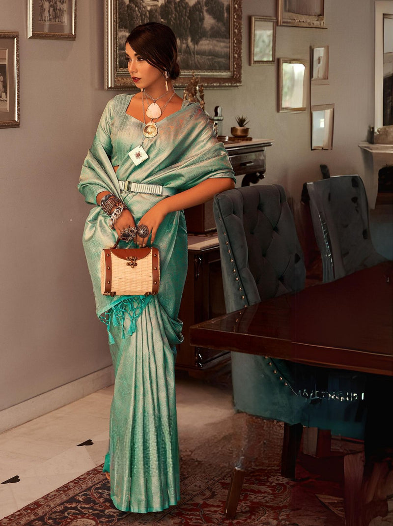Mint Green Fine Kanjivaram Designer Silk Saree - TrendOye