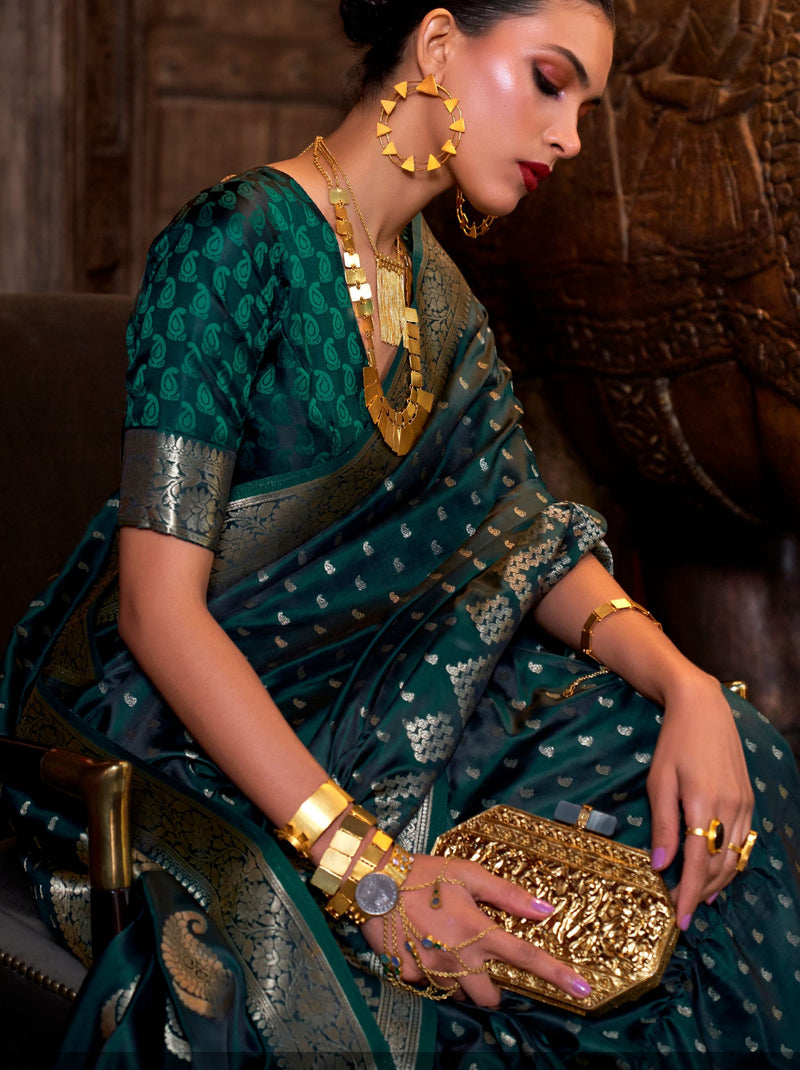 Sacramento Green Handwoven Satin Silk Designer Saree - TrendOye