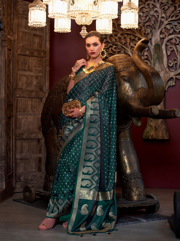 Sacramento Green Handwoven Satin Silk Designer Saree - TrendOye