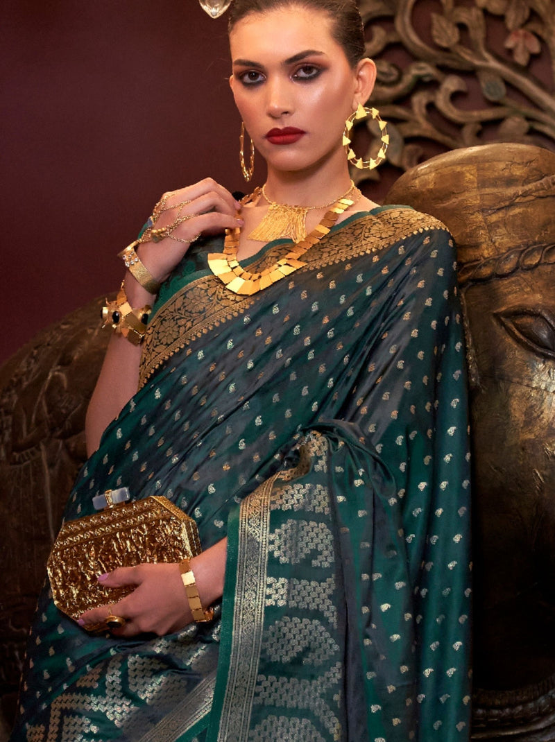 Sacramento Green Handwoven Satin Silk Designer Saree - TrendOye