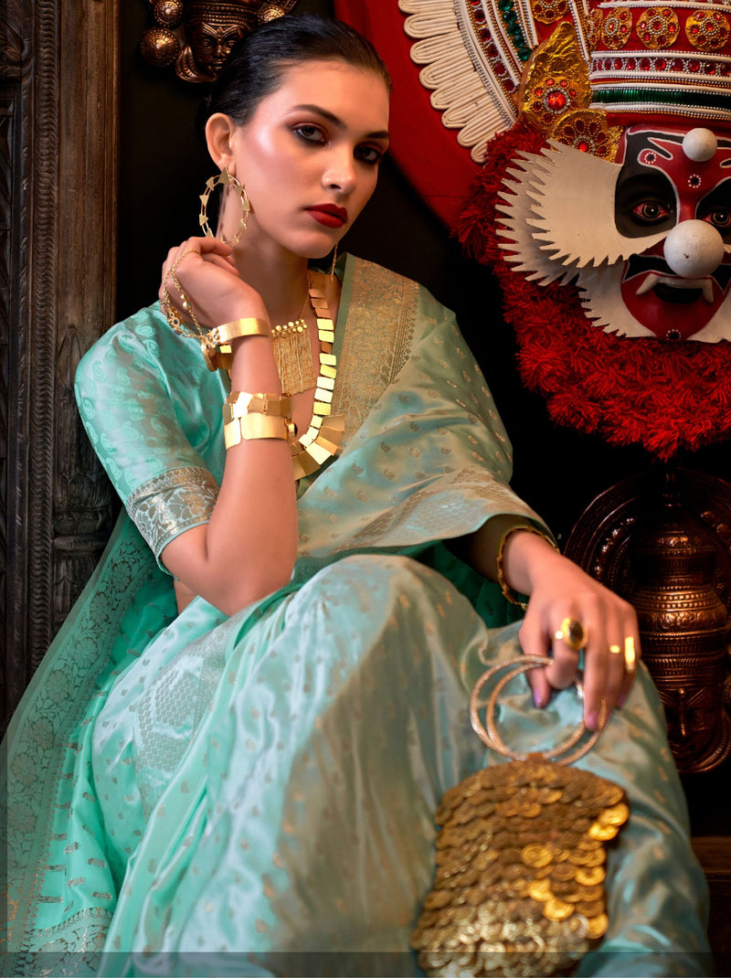 Turquoise Blue Handwoven Satin Silk Designer Saree - TrendOye