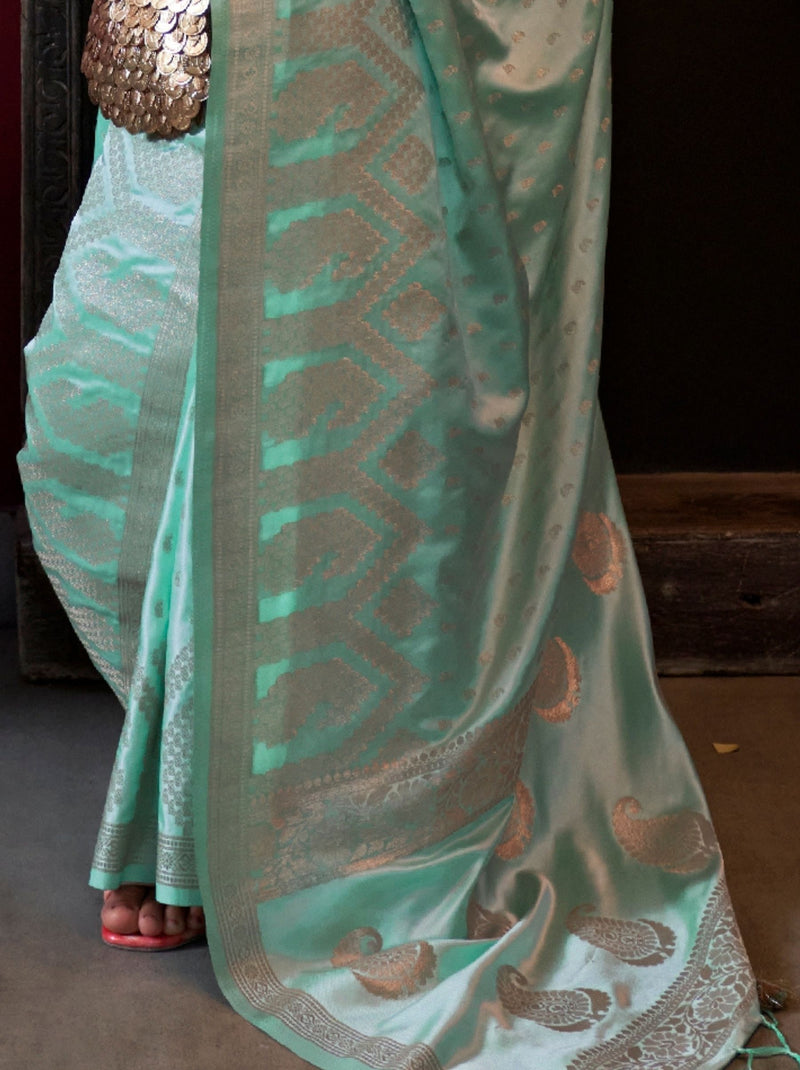 Turquoise Blue Handwoven Satin Silk Designer Saree - TrendOye