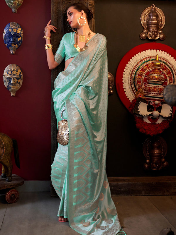 Turquoise Blue Handwoven Satin Silk Designer Saree - TrendOye