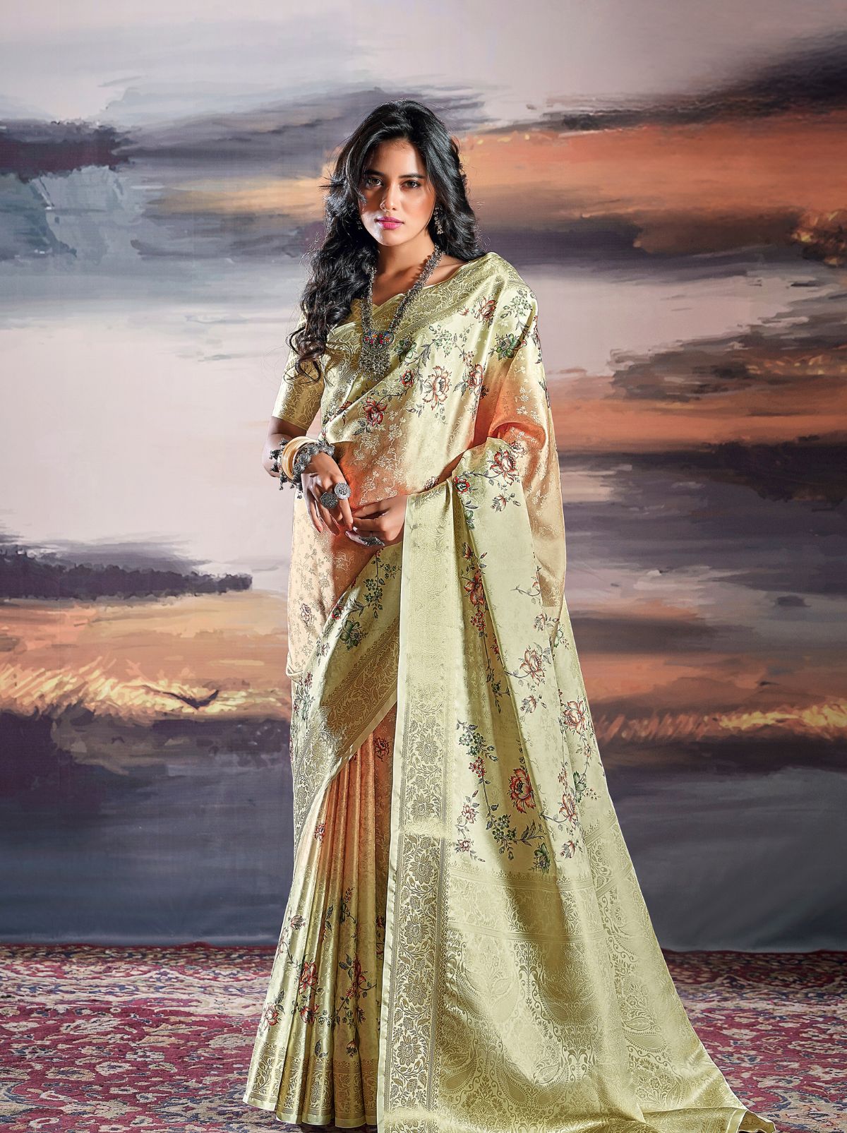 Tea Green Fine Satin Digital Silk Dual Tone Designer Saree - TrendOye