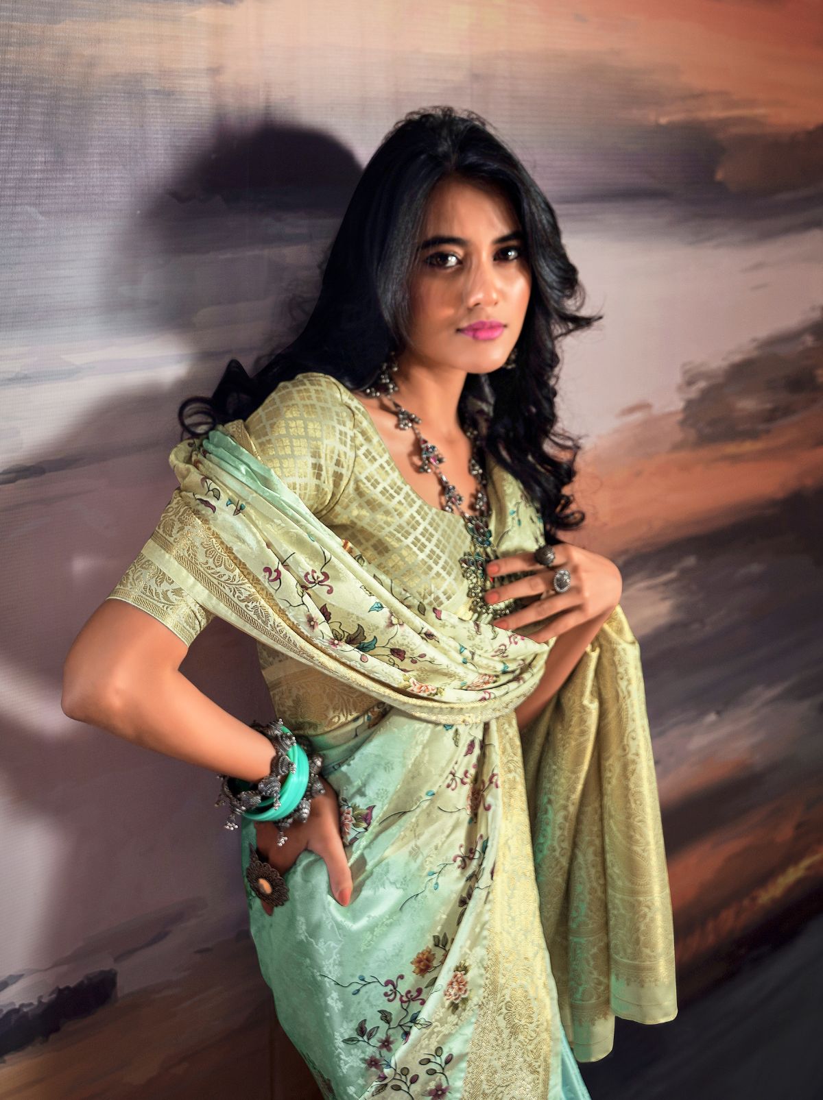 Turquoise Fine Satin Digital Silk Dual Tone Designer Saree - TrendOye