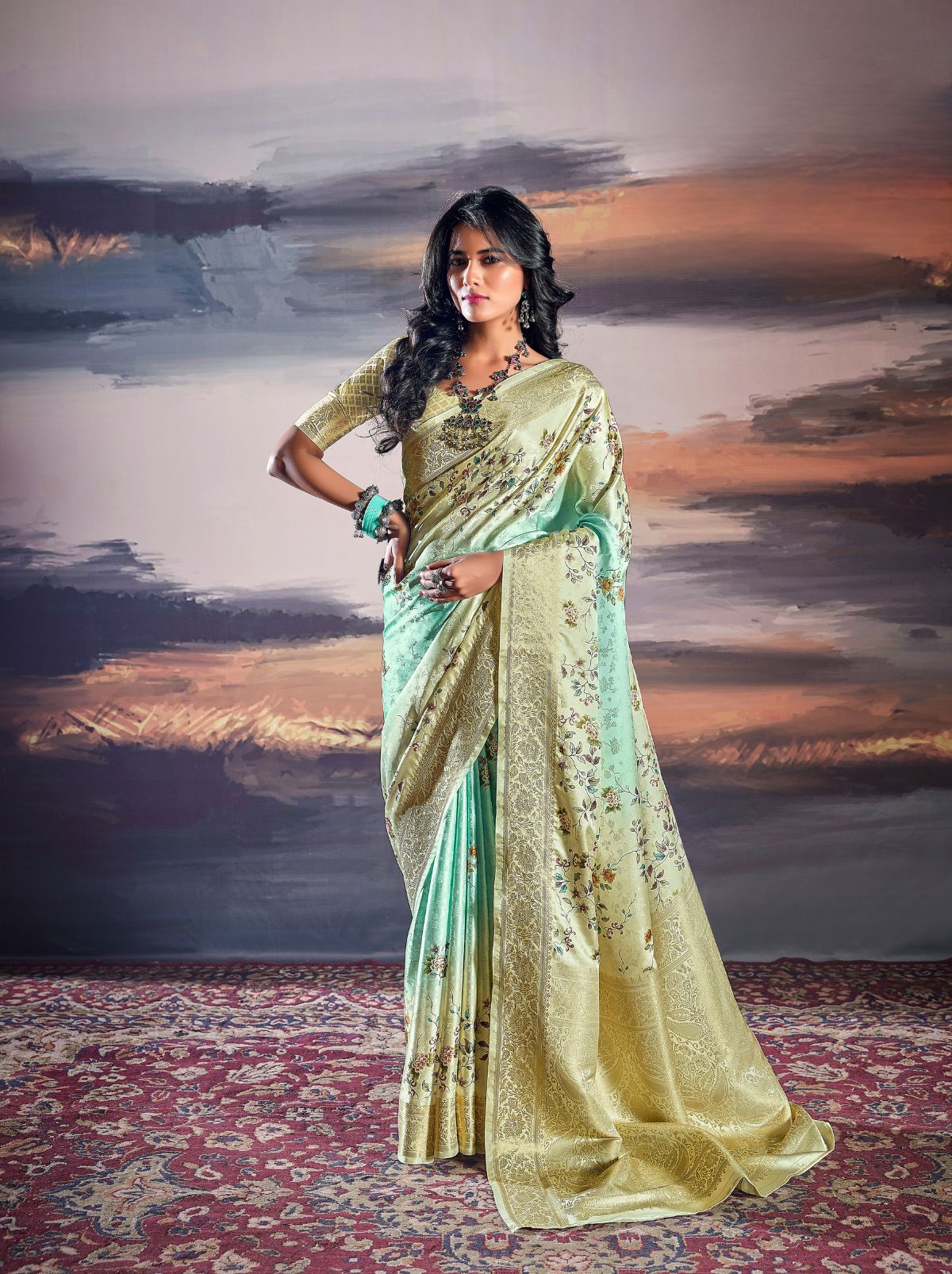 Turquoise Fine Satin Digital Silk Dual Tone Designer Saree - TrendOye