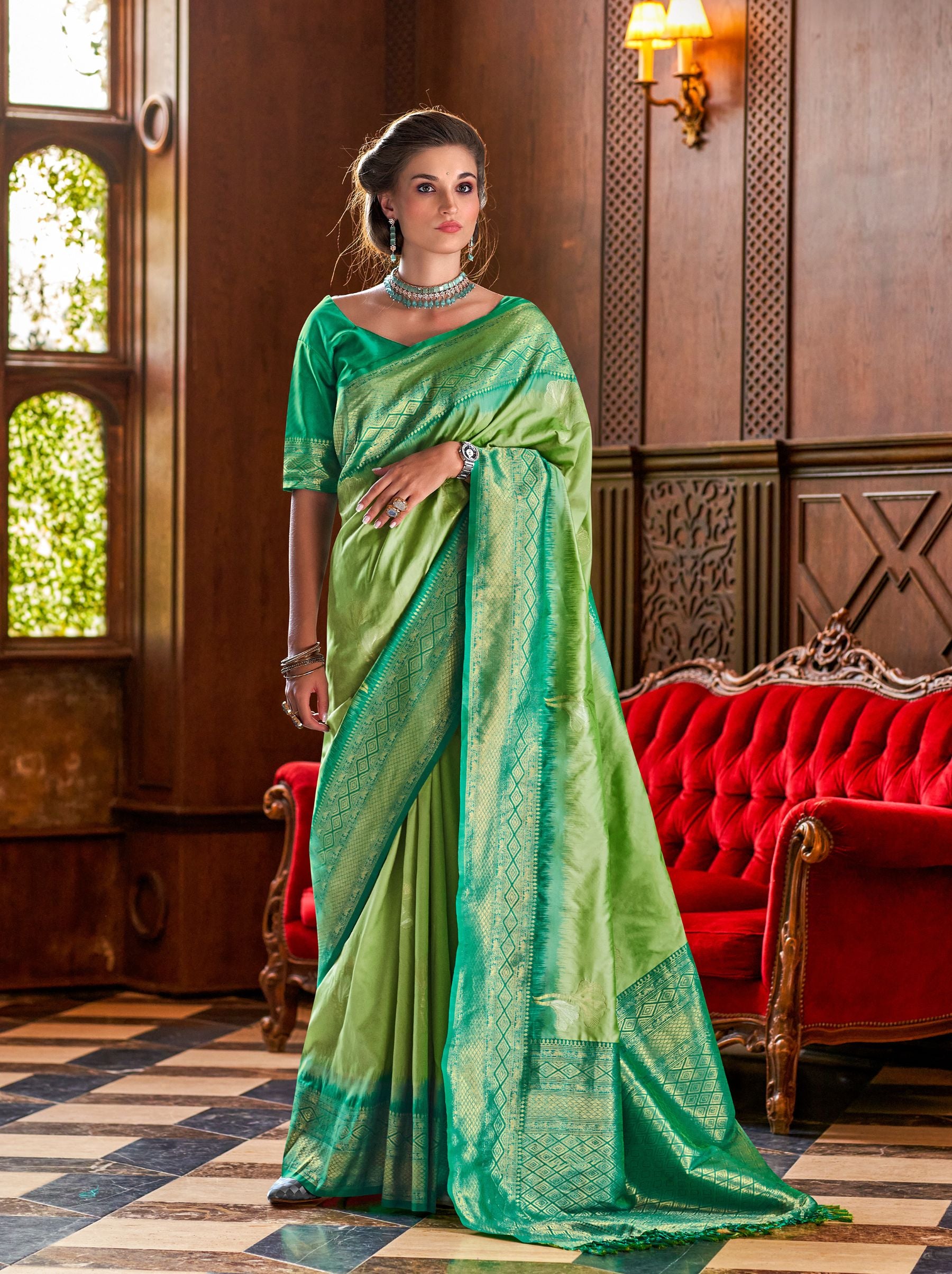 Emerald Green Zari Woven Silk Wedding Saree - TrendOye
