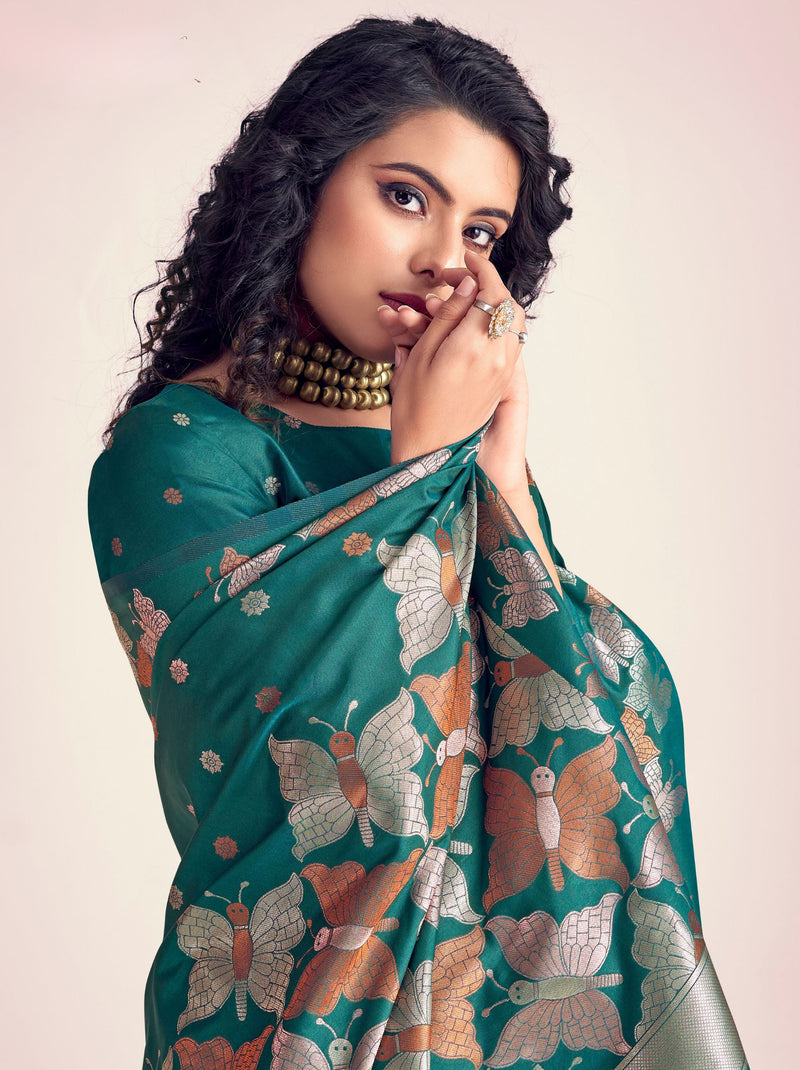 Pine Green Soft Silk Designer Saree - TrendOye