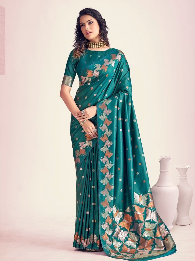 Pine Green Soft Silk Designer Saree - TrendOye