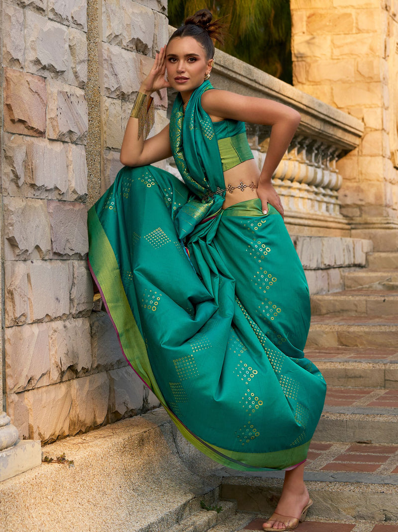 Pine Green Soft Silk Designer Saree - TrendOye