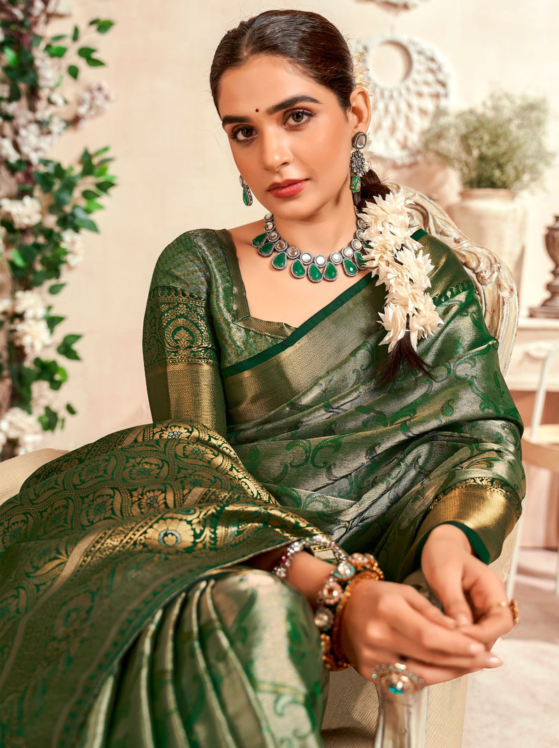 Forest Green Soft Silk Zari Weaving Wedding Saree